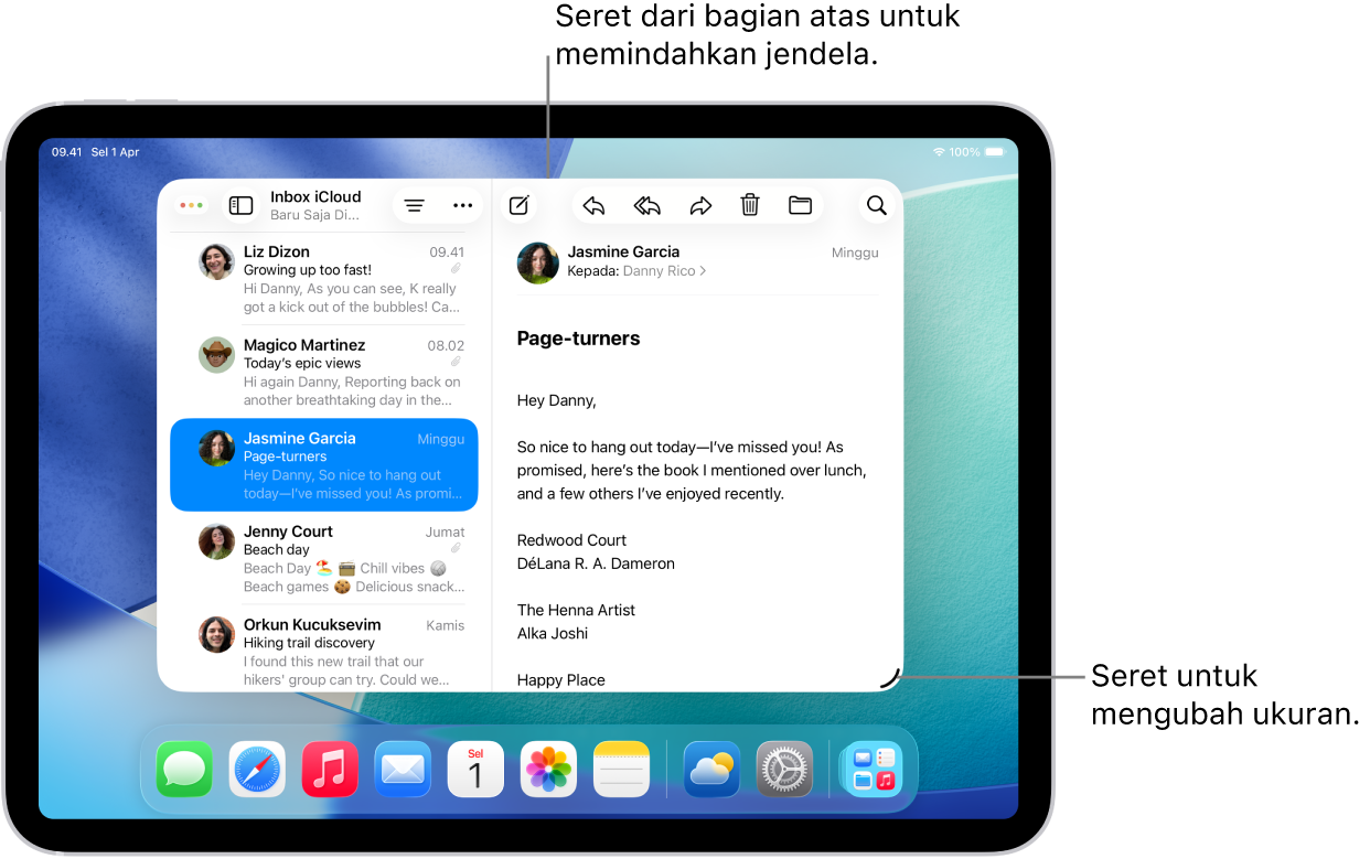Jendela terbuka di iPad, dengan pengendali ubah ukuran di pojok kanan bawah dan kontrol jendela di pojok kiri atas.
