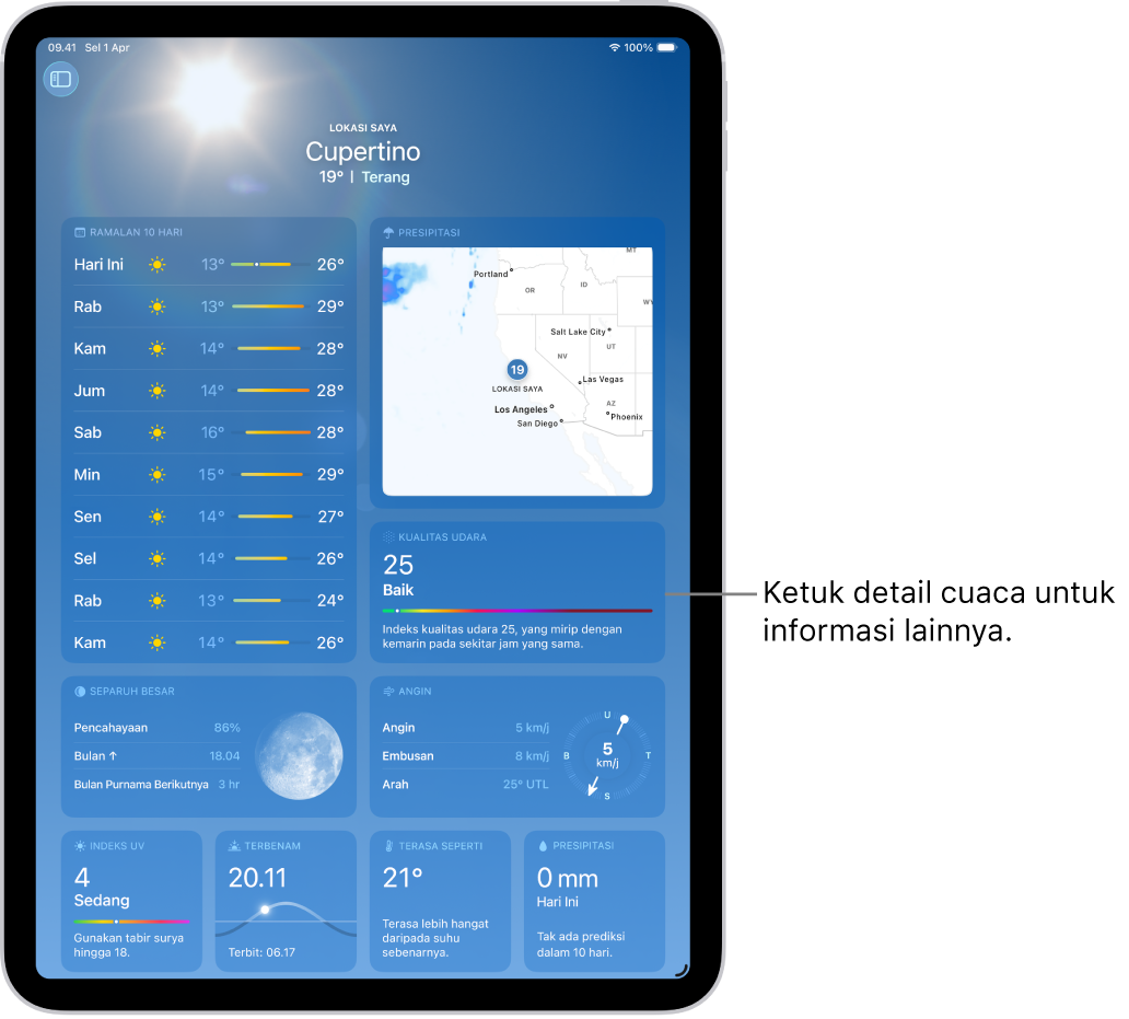 Layar Cuaca yang menampilkan lokasi di bagian atas, dan di bawahnya suhu serta kondisi cuaca saat ini. Sisa layar berisi detail cuaca termasuk indeks UV, angin, dan presipitasi.