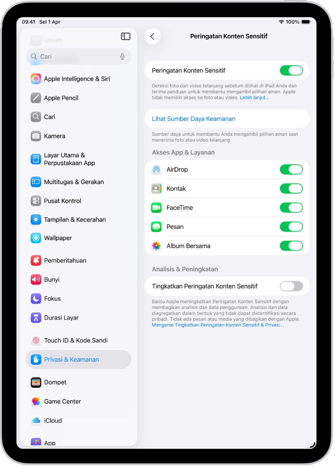 Pengaturan untuk Peringatan Konten Sensitif, dengan tombol berlabel Lihat Sumber Daya Keamanan dan tombol berlabel Tingkatkan Peringatan Konten Sensitif untuk berbagi analisis dan data penggunaan dengan Apple.