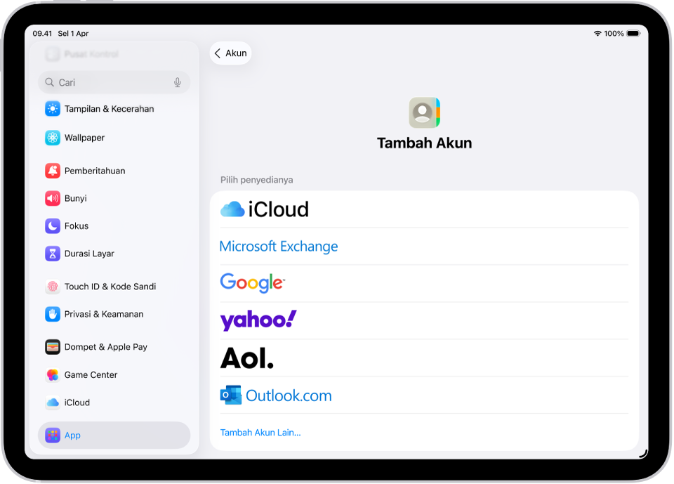 Layar Tambah Akun yang menampilkan berbagai layanan kontak.