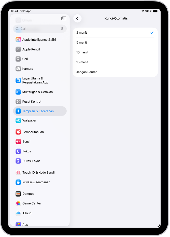 Layar Kunci Otomatis, dengan pengaturan untuk durasi waktu sebelum iPad dikunci secara otomatis.