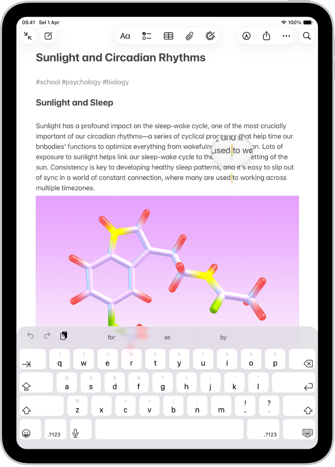 Catatan menampilkan titik penyisipan diposisikan di tempat teks akan disisipkan atau diedit. Teks sekeliling diperbesar untuk memudahkan penempatan titik penyisipan.