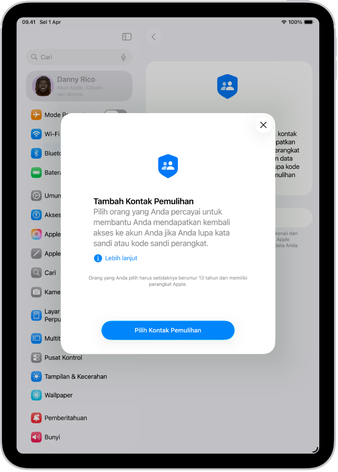 Layar Kontak Pemulihan Akun dengan informasi mengenai fitur. Tombol Tambah Kontak Pemulihan ada di bawah