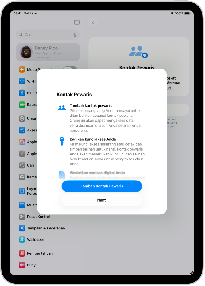 Layar Kontak Pewaris dengan informasi mengenai fitur. Tombol Tambah Kontak Pewaris ada di bawah.