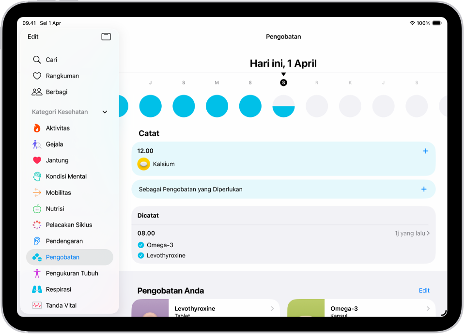 Layar Pengobatan di Kesehatan menampilkan tanggal waktu dan catatan untuk pengobatan.