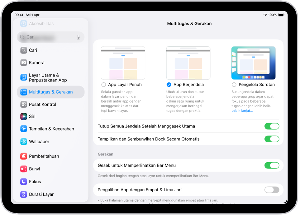 Jendela iPad menampilkan pengaturan Multitugas & Gerakan.