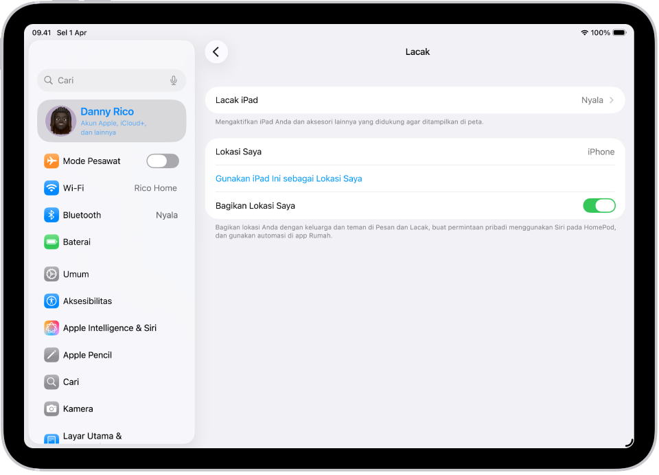 Layar yang menampilkan pengaturan untuk app Lacak, dengan pilihan untuk menyalakan Lacak iPad dan Bagikan Lokasi Saya.