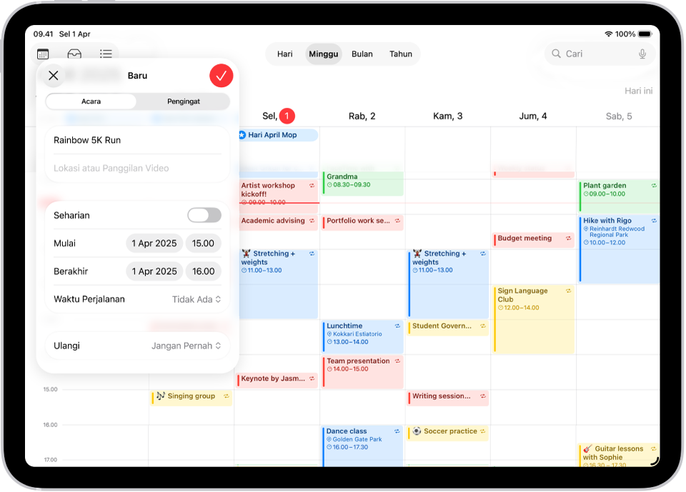Kalender dalam tampilan Minggu yang menampilkan jendela buat acara.
