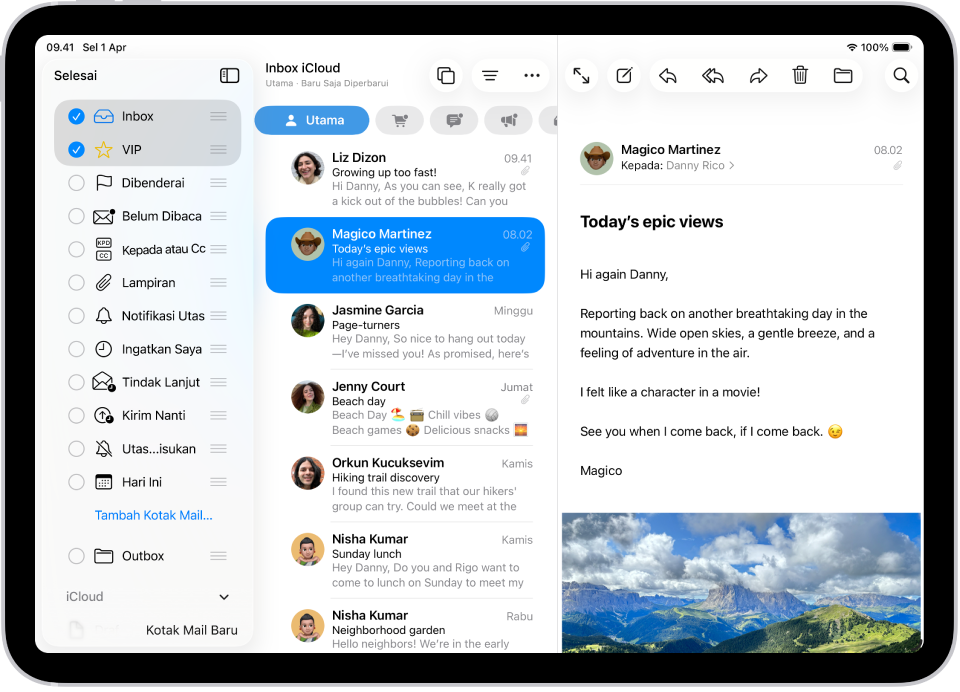 Layar pengeditan Kotak Mail. Kotak Mail opsional tercantum dari atas ke bawah dengan kotak centang di sebelah kiri setiap pilihan. Di pojok kanan bawah layar terdapat tombol berlabel Kotak Mail Baru.