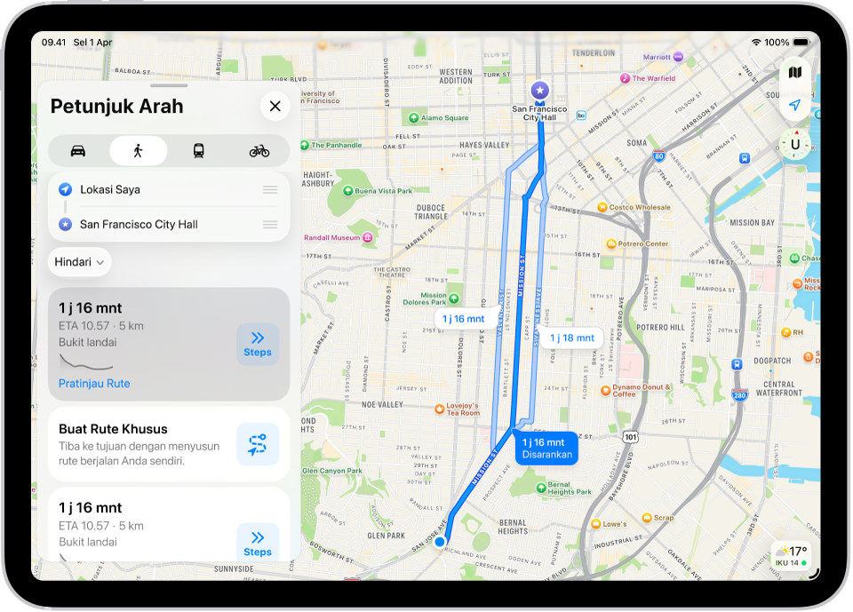 Peta dengan dua rute jalan kaki, masing-masing dicantumkan dengan tombol Langkah.
