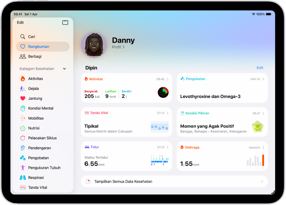 Layar Rangkuman di Kesehatan. Informasi mengenai aktivitas, pengobatan, tanda vital, kondisi pikiran, tidur, detak jantung, dan olahraga muncul di bawah Dipin.