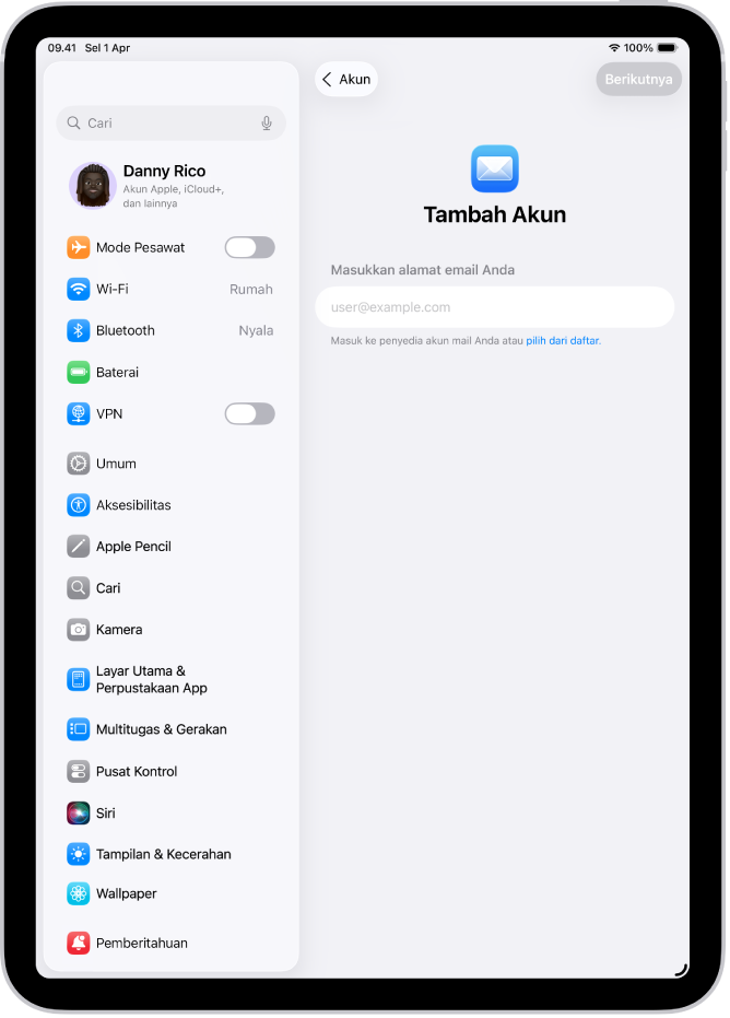 Layar Tambah Akun yang menampilkan bidang untuk memasukkan alamat email Anda.