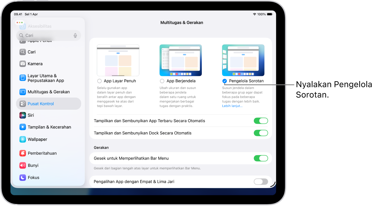 App Pengaturan iPad, yang menampilkan pilihan Multitugas & Gerakan yang dapat Anda pilih untuk mengerjakan beberapa app.