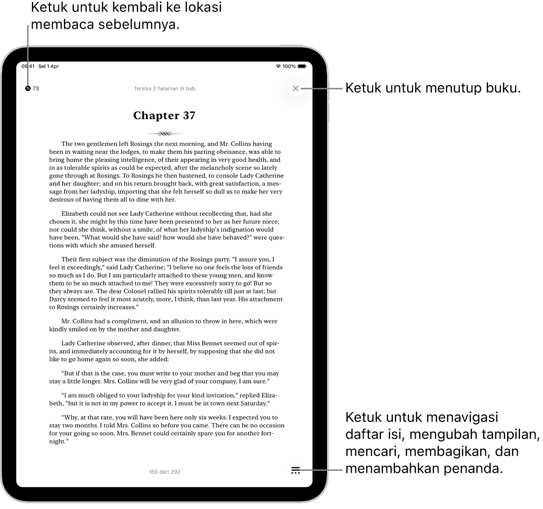 Halaman buku di app Buku. Di bagian atas layar terdapat tombol untuk kembali ke halaman tempat Anda mulai membaca dan untuk menutup buku. Di kanan bawah layar terdapat tombol Menu.