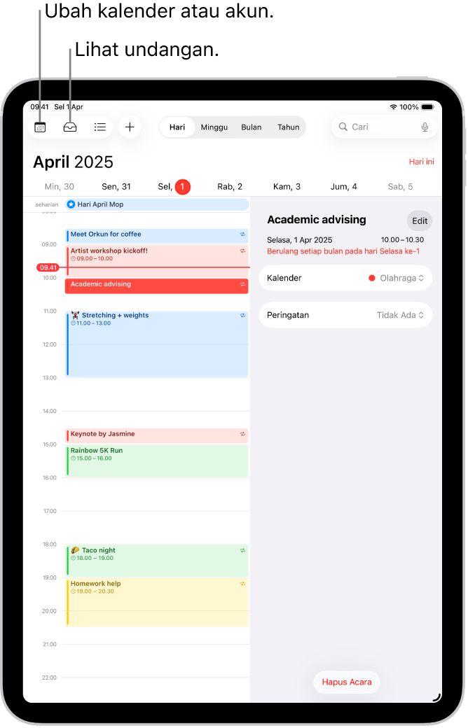Kalender dalam tampilan Hari. Tombol di bagian atas pusat memungkinkan Anda untuk mengubah tampilan antara Hari, Minggu, Bulan, dan Tahun. Tombol Kalender berada di kiri atas layar, dan tombol Inbox berada di dekat kiri atas.