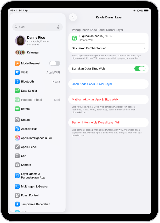 Layar Kelola Durasi Layar untuk anak di keluarga, yang menampilkan terakhir kali kode sandi digunakan dan di perangkat mana.