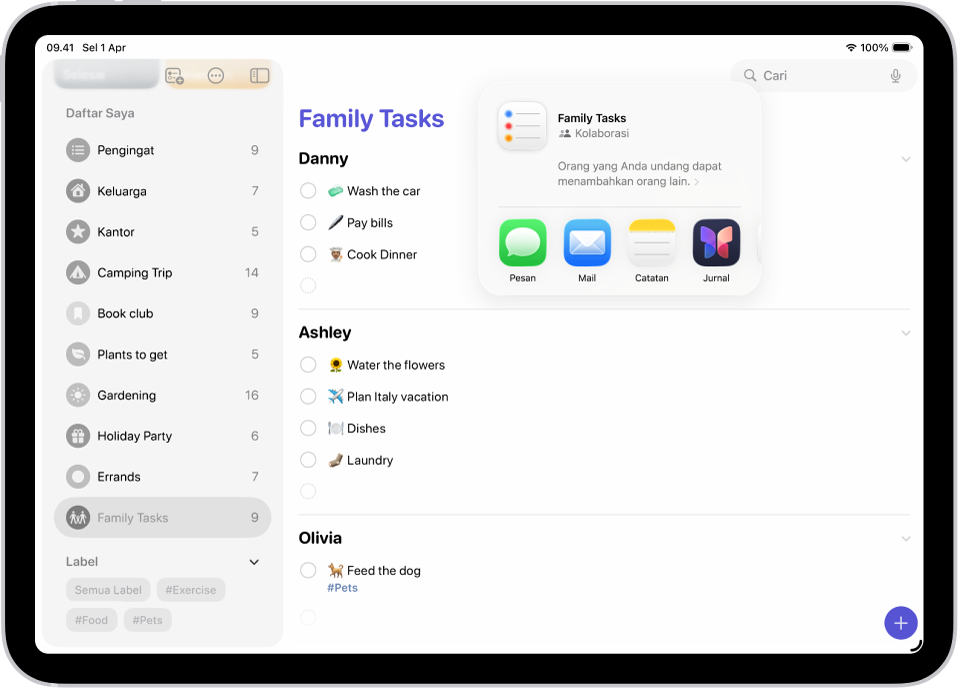 Layar Pengingat yang menampilkan daftar dengan pilihan untuk berbagi di sebelah kanan.