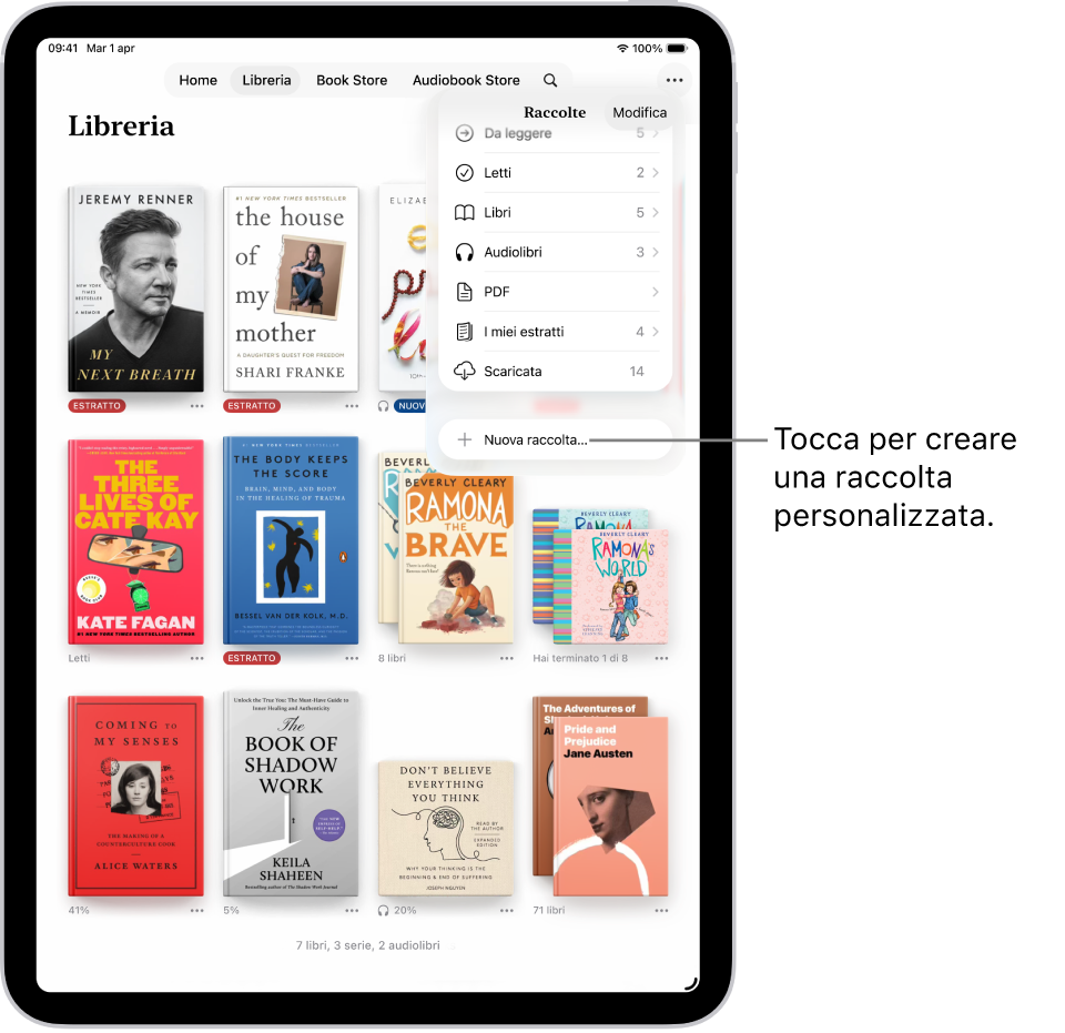 La schermata libreria nell’app Libri. Nella parte superiore dello schermo, il menu Raccolte è aperto e vengono mostrate opzioni come gli audiolibri e i PDF.