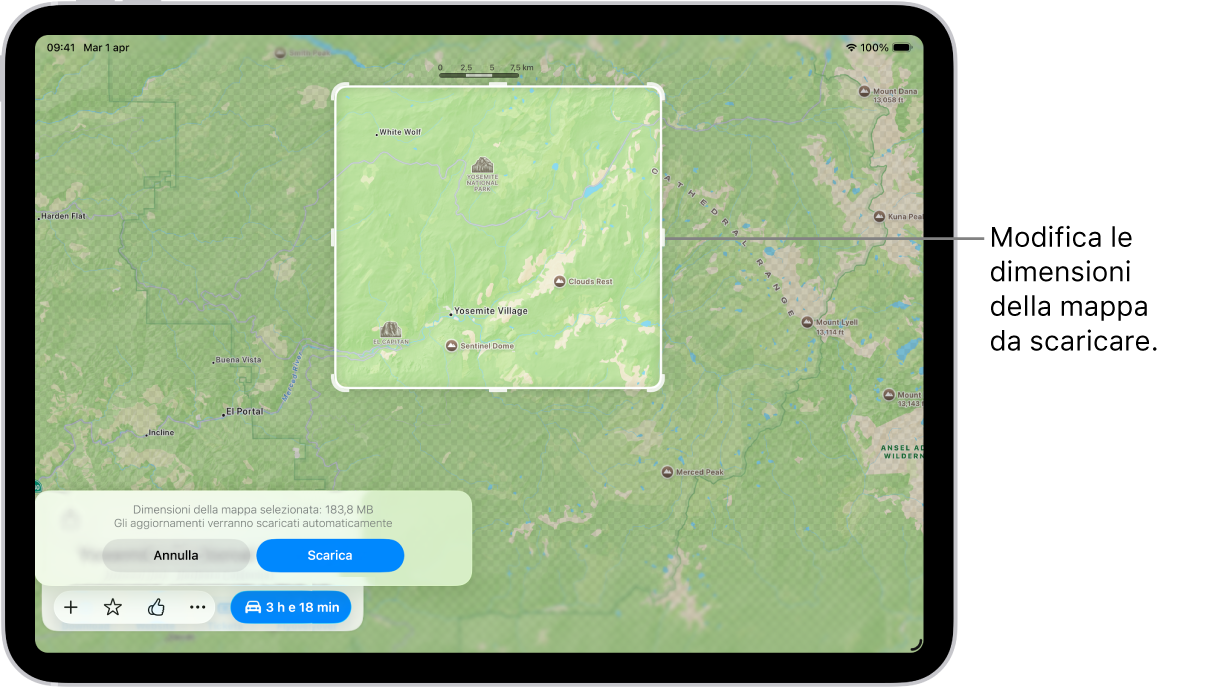 La mappa di un parco nazionale su iPad. Il parco è incorniciata all’interno di un rettangolo con delle maniglie, che possono essere spostate per modificare le dimensioni della mappa da scaricare. Le dimensioni del download della mappa selezionata sono indicate nella parte inferiore della mappa. Nella parte inferiore dello schermo sono presenti i pulsanti Annulla e Download.