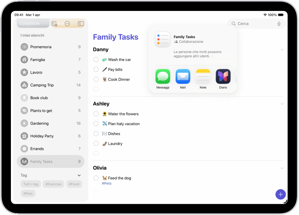 Una schermata di Promemoria che mostra un elenco con le opzioni di condivisione a destra.
