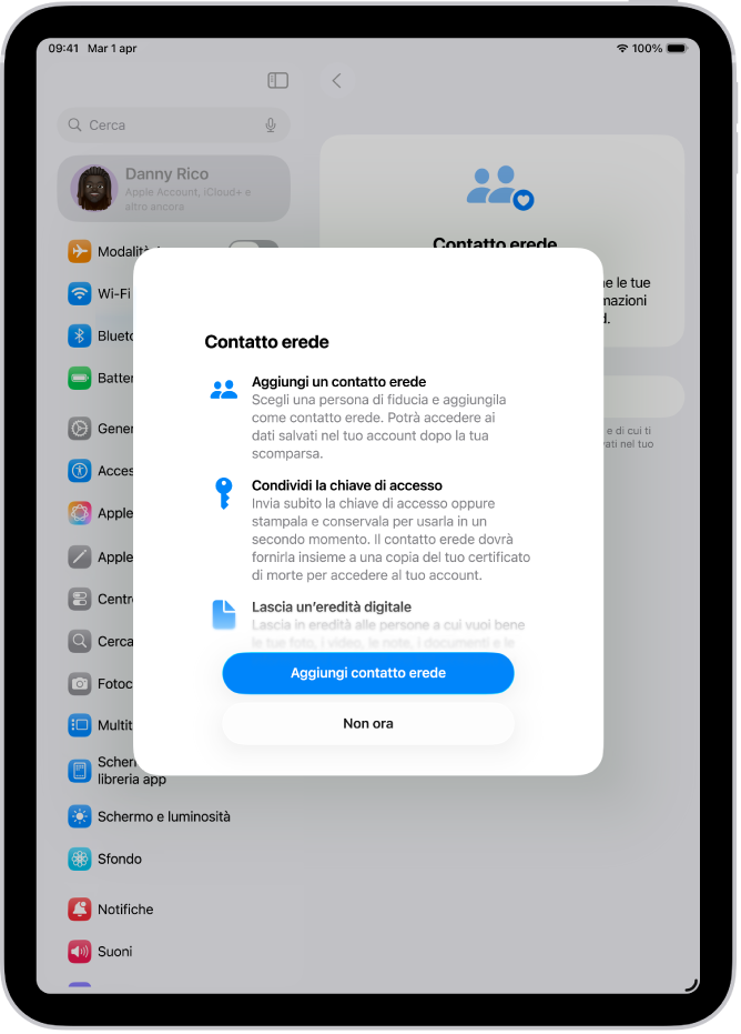 La schermata “Contatto erede” con le informazioni sulla funzionalità. Il pulsante “Aggiungi un contatto erede” si trova nella parte inferiore della schermata.