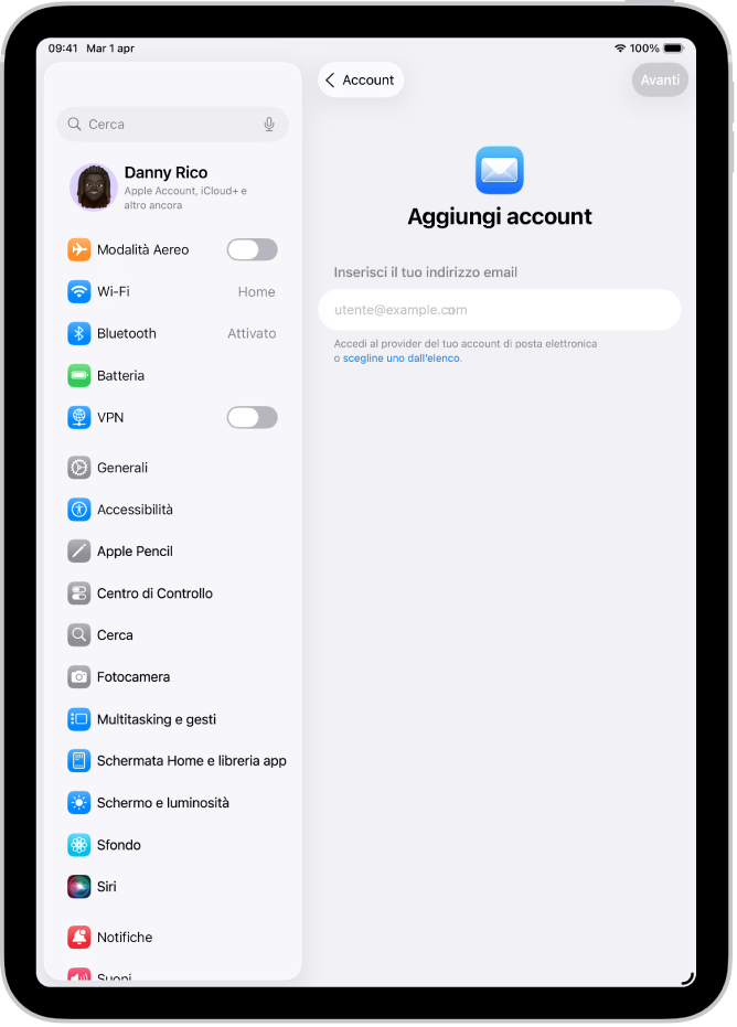 La schermata “Aggiungi account” con un campo per inserire l’indirizzo email.