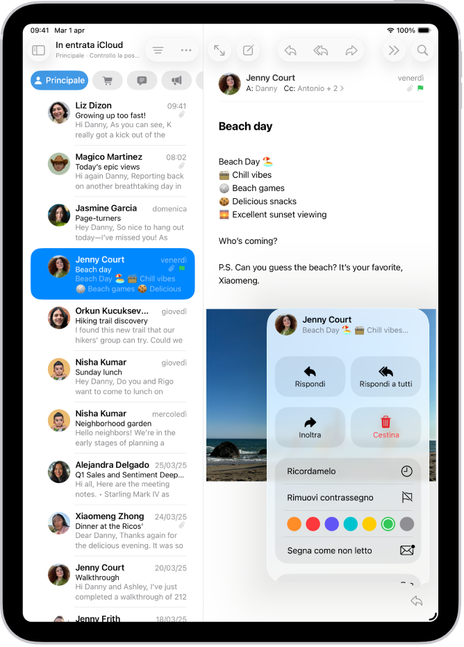 Un’email aperta. Sulla destra è visibile il menu con le opzioni per aggiungere o rimuovere un contrassegno.