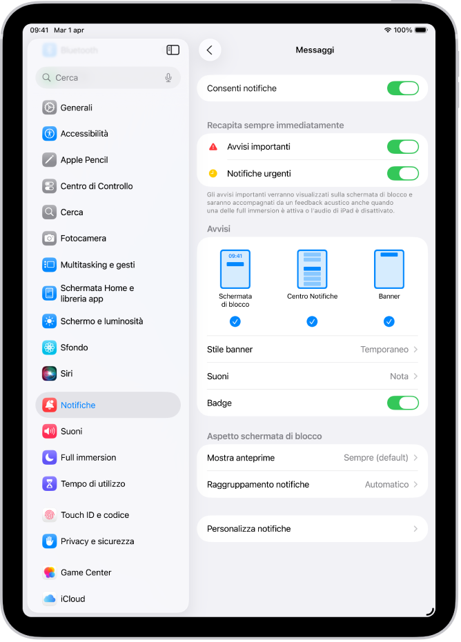 Le impostazioni per le notifiche di Messaggi in Impostazioni.