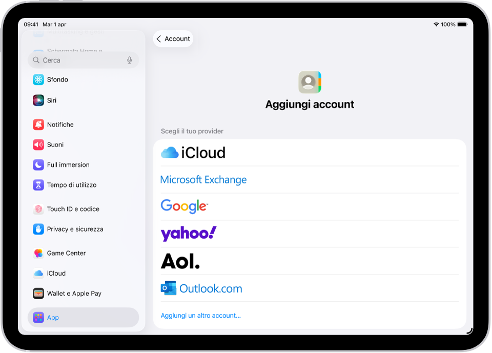 La schermata per aggiungere un contatto con diversi servizi disponibili.
