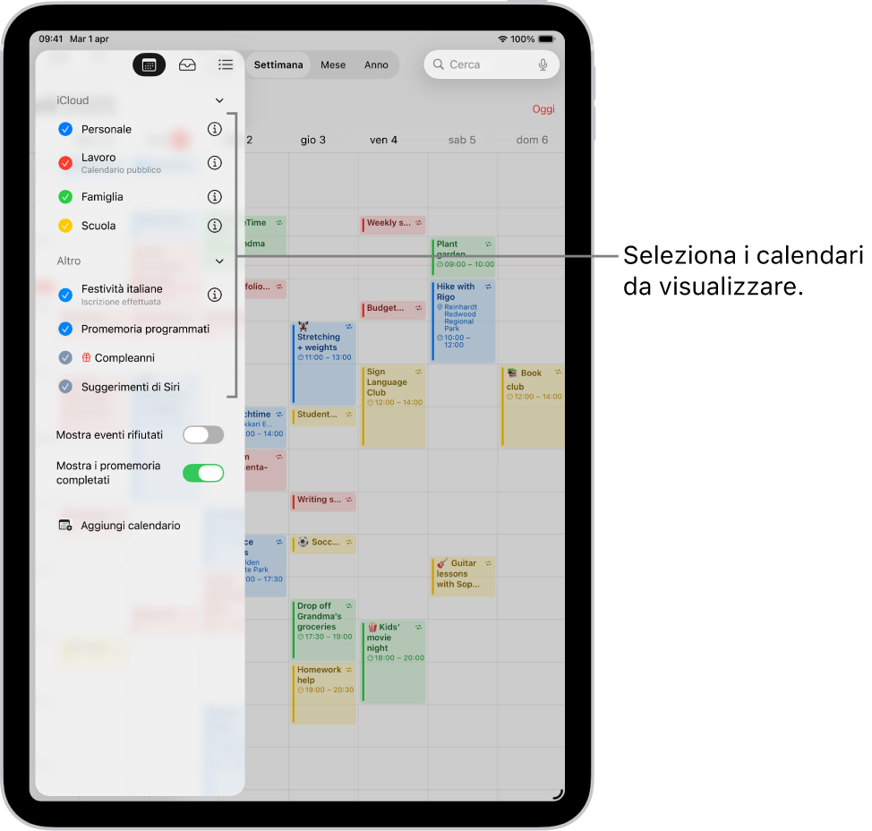 I segni di spunta nell’elenco dei calendari indicano quelli attivi. Il pulsante Fine per chiudere l’elenco è nell’angolo in alto a destra. Il pulsante “Aggiungi calendario” appare nell’angolo in basso a sinistra.