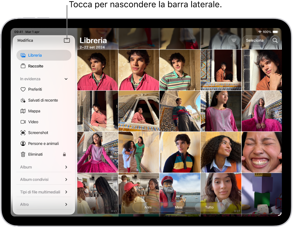 L’app Foto aperta con il pannello Libreria selezionato nella barra laterale.
