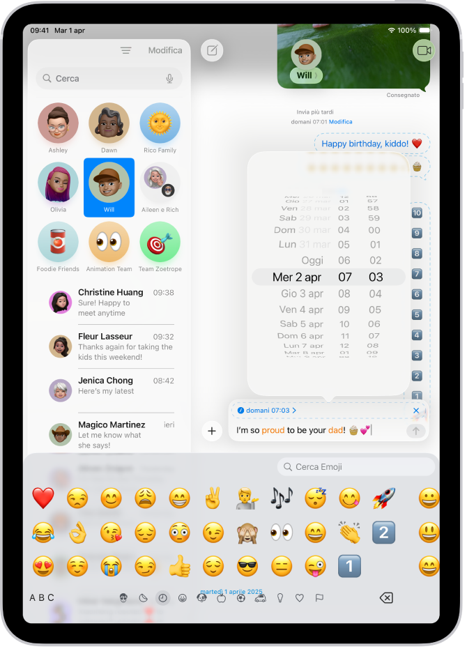 Una conversazione di Messaggi con un messaggio programmato per essere inviato più tardi.