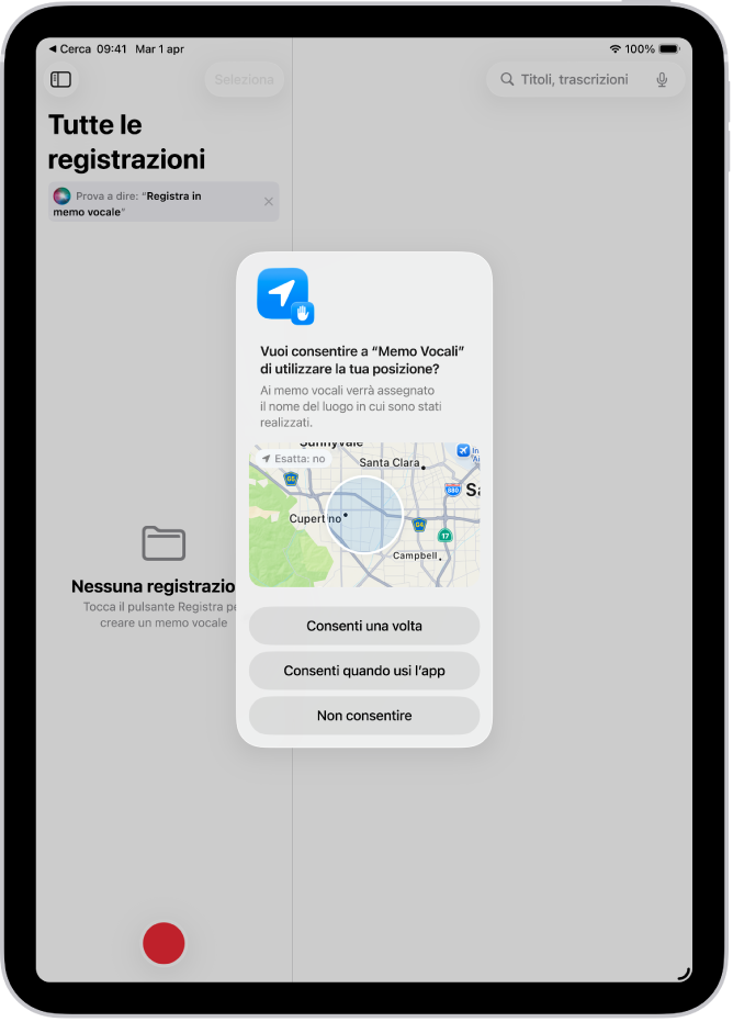 La richiesta proveniente da un’app di utilizzare i dati della posizione su iPad. Sono mostrate le opzioni “Consenti una volta”, “Consenti quando utilizzi l’app” e “Non consentire”.