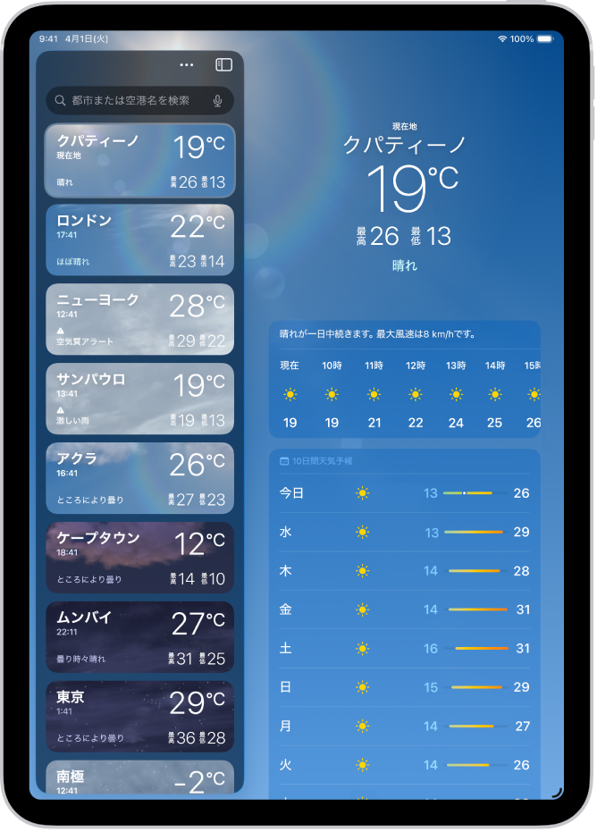 「天気」画面。画面の左側にサイドバーが表示されています。サイドバーには都市のリストがあり、現在時刻、気温、天気予報、最高/最低気温が表示されています。リストの上部では「現在地」が選択され、画面の右側にはその場所の天気予報と気象情報が表示されています。