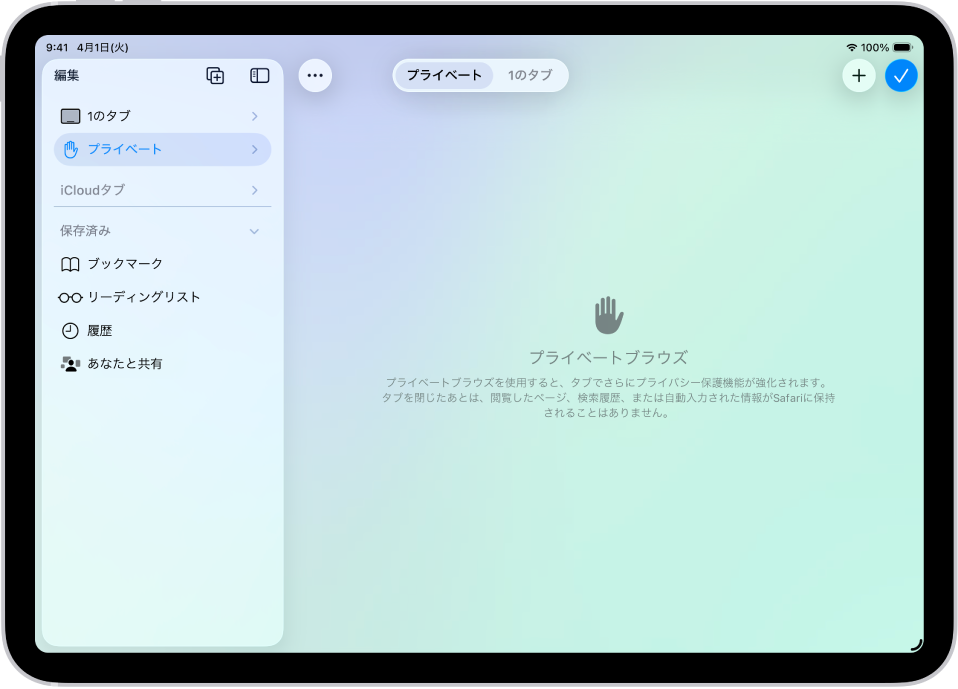 Safariウインドウの左側にあるSafariサイドバーが開いていて、「プライベート」が選択されています。右側には、ブラウズの履歴はSafariに記録されないという説明があります。