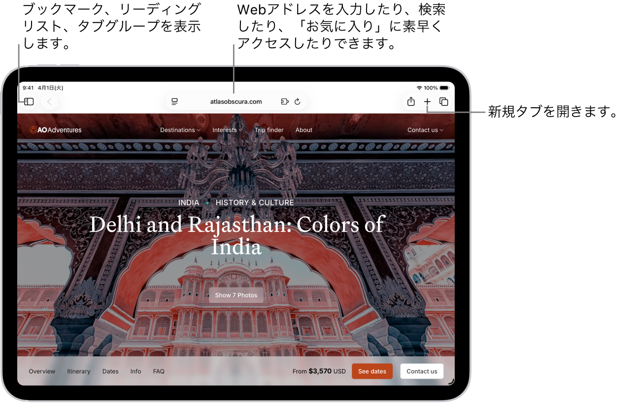 開いているWebページ。上部には、左から順に、「サイドバー」ボタン、「前へ」ボタン、検索フィールド、「共有」ボタン、「新規タブ」ボタン、および「タブの概要」ボタンが表示されています。