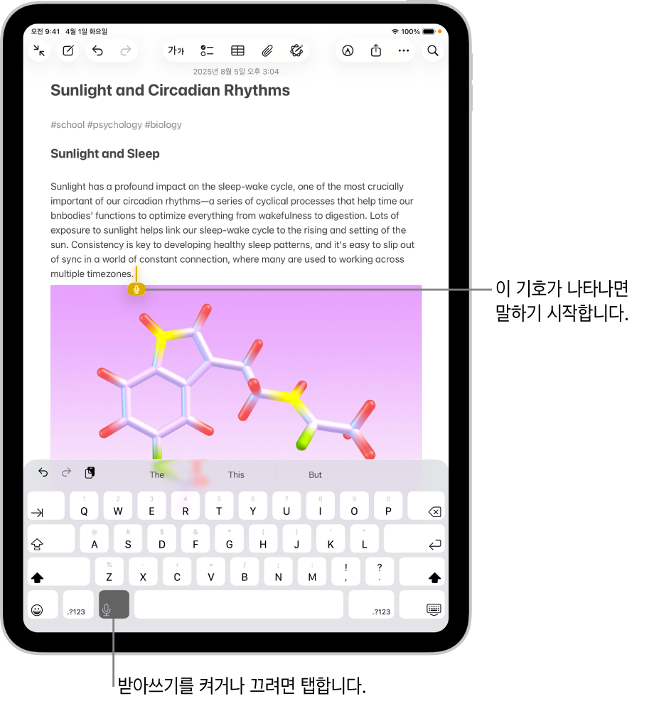 메모 앱에 화면 키보드가 열려 있음. 키보드 하단에서 받아쓰기 버튼이 선택되고, 텍스트 필드의 삽입점 아래에 받아쓰기 버튼이 나타남.