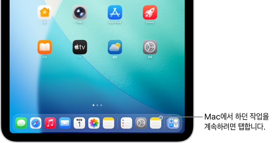 iPad의 Dock에 Handoff 아이콘이 표시됨.