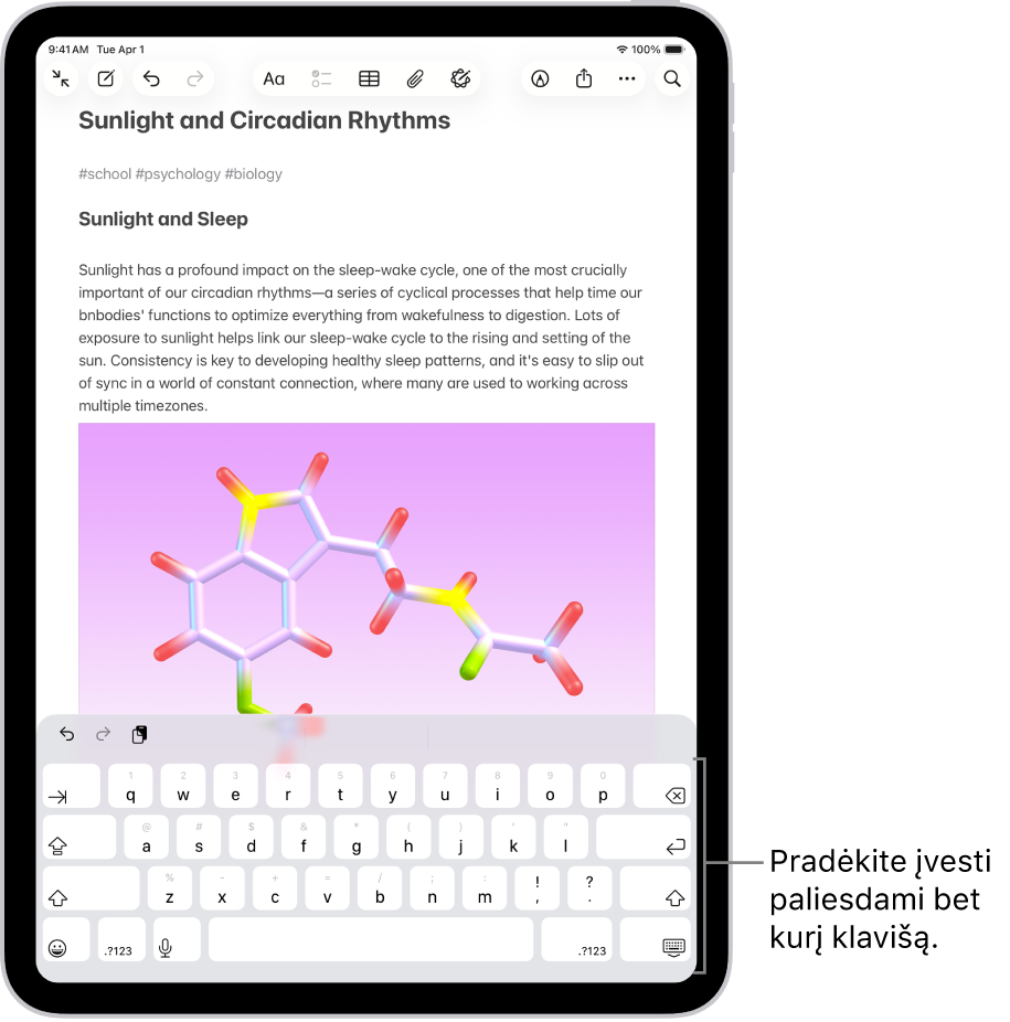 Programoje „Užrašai“ atidarytas dokumentas. Ekraninė klaviatūra yra apatinėje ekrano dalyje.