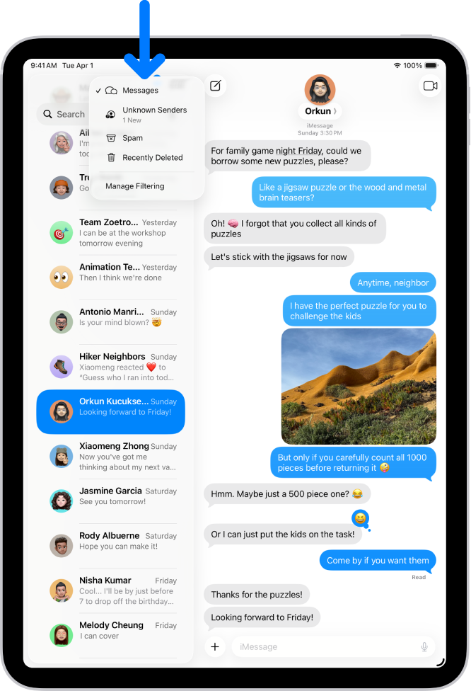 Sarunu saraksts lietotnē Messages. Tiek rādīti visi ziņojumi, jo izvēlnē Filter nav izvēlēts neviens filtrs.