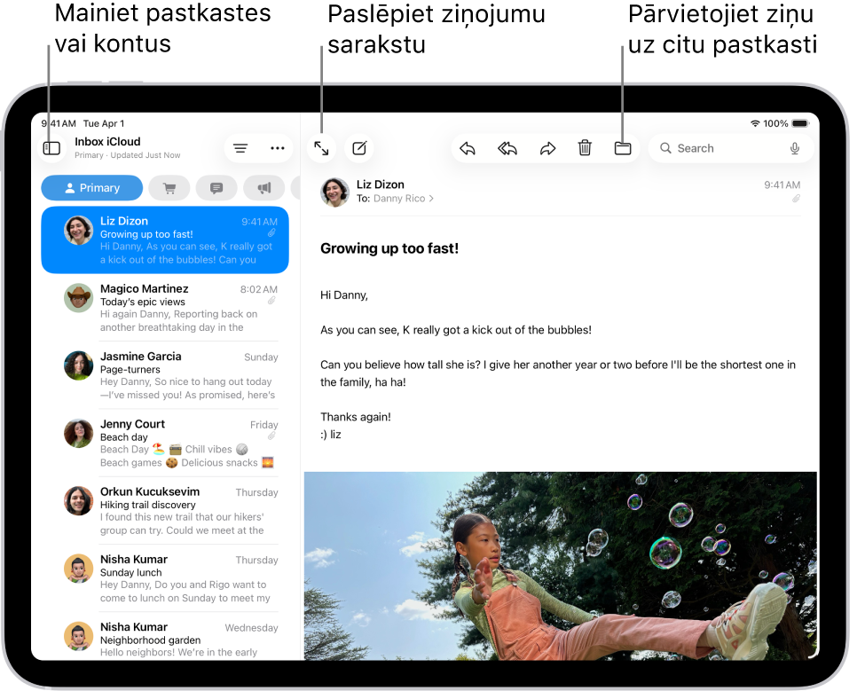 Lietotnes Mail iesūtne ar e-pastu sarakstu pa kreisi un atvērtu e-pasta ziņojumu pa labi.