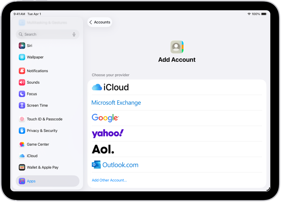 Ekrāns Add Account ar dažādiem kontaktpersonu pakalpojumiem.