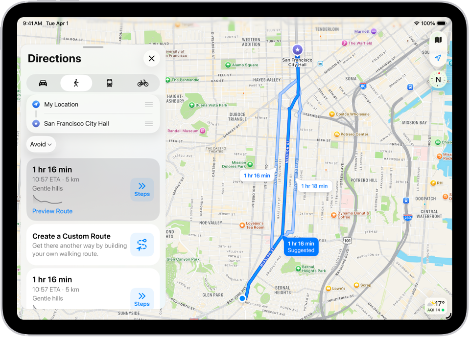 Peta menunjukkan dua laluan berjalan, setiap satunya disenaraikan dengan butang Langkah.