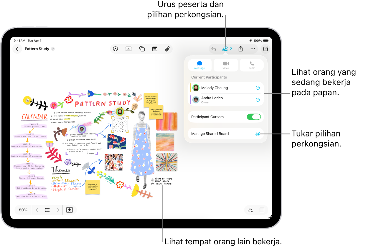 Papan Freeform dikongsi pada iPad dengan menu bekerjasama dibuka dan lokasi peserta lain pada papan yang ditandakan dengan tanda semak berwarna.