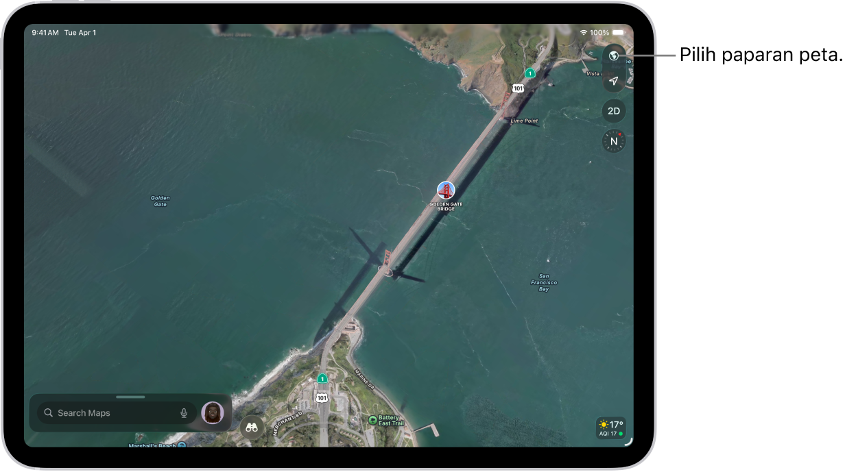 Peta jalan dan taman yang menunjukkan pokok, tempat tarikan dan lokasi seperti denai dan sudut pandangan.