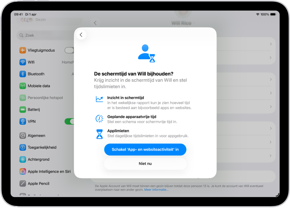 Een Instellingen-scherm met een vensterpaneel waarin schermtijd wordt geconfigureerd.