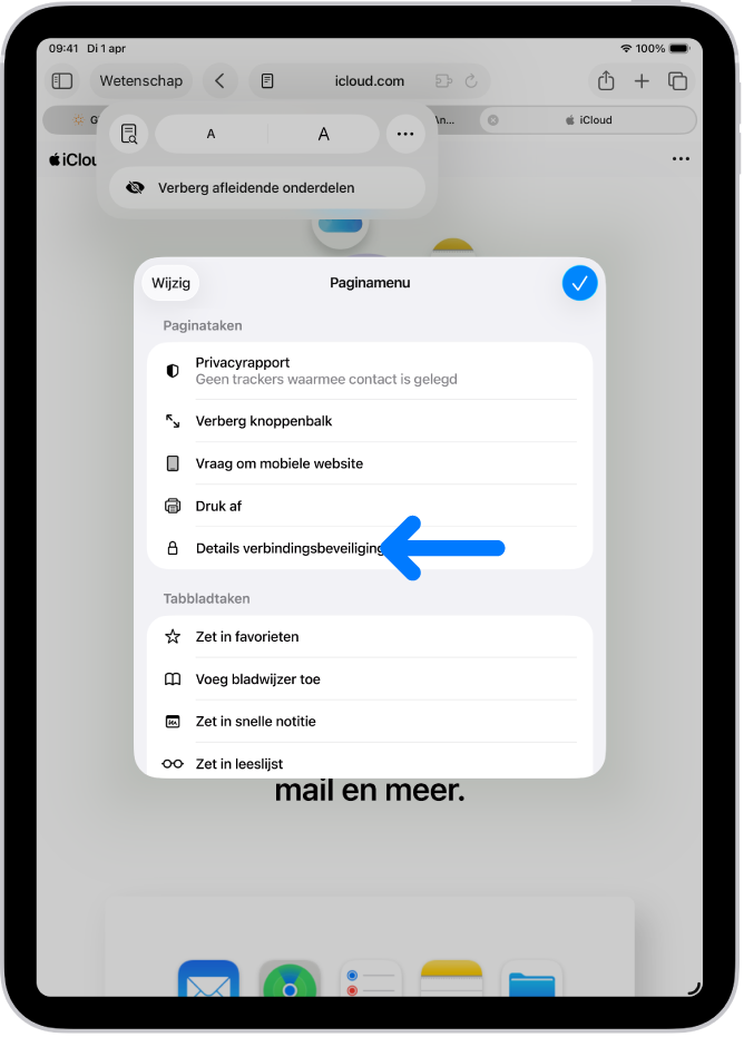 Het paginamenu is geopend in Safari en halverwege de pagina staat de regelaar 'Details verbindingsbeveiliging'.