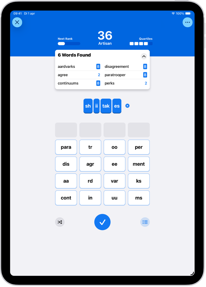 Een Quartiles-puzzel in de News-app.