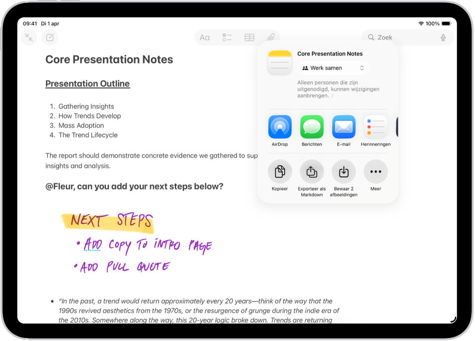 Een notitie met een overlay met deelopties.