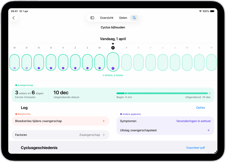 Het scherm 'Cyclus bijhouden', met boven in het scherm een zwangerschapstijdbalk van een week. Lichtgroene ovalen en paarse stippen markeren de eerste zeven dagen op de tijdbalk. De andere dagen op de tijdbalk zijn gemarkeerd met gearceerde lichtgroene ovalen. Onder de tijdbalk staat het zwangerschapsoverzicht met de zwangerschapsduur, begindatum en geschatte uitgerekende datum. Onder het zwangerschapsoverzicht zie je opties voor het toevoegen van gegevens over onder andere bloedverlies tijdens de zwangerschap en symptomen.